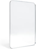 Wall Mount Mirror for Bathroom, Brush Silver Metal Framed Rounded Corner Rectangular Vanity Mirror (16" x 20", Silver)