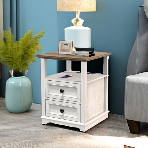 18" Wide End Table with Fast Charging Station Set of 2, 18” Wide Sofa End Table with Drawers,Storage Rustic Wood Storage Cabinet,Sofa Table for Living Room,White
