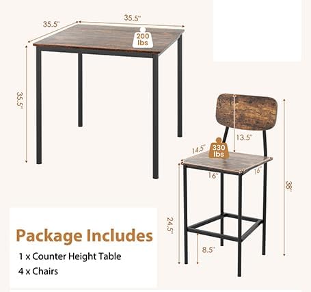 Tangkula Bar Height Table and Chairs, Counter-Height Dining Table Set, Pub Table and Chairs Set of 4, Space-Saving Dinette Set for Breakfast Nook