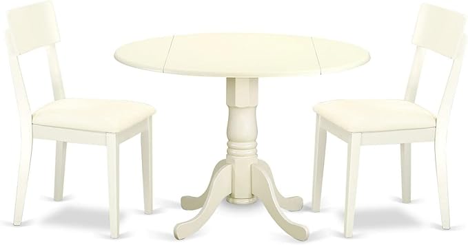 East West Furniture DLAD3-LWH-LC 3 Piece Dining Room Furniture Set Contains a Round Dining Table with Dropleaf and 2 Faux Leather Upholstered Chairs, 42x42 Inch, Linen White