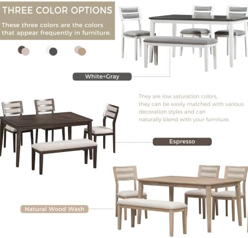 SogesHome Classic 6-Piece Dining Table Set, Rectangular Wooden Kitchen Table with Upholstered Chairs & Bench for Dining Room, Traditional Retro Farmhouse Dining Table for Kitchen, Natural