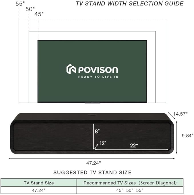 POVISON Fully-Assembled Minimalist Floating TV Stand, Modern Wall-Mounted Entertainment Center with 2 Flip-Down Cabinet Doors, Solid Wood Media Console, Black, 47.24"