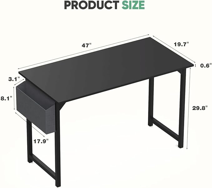 47 Inch Desk Office with Storage, Modern Simple Style Gaming Computer Table for Youth Student Adult, Metal and Wood Home Office Furniture, Black