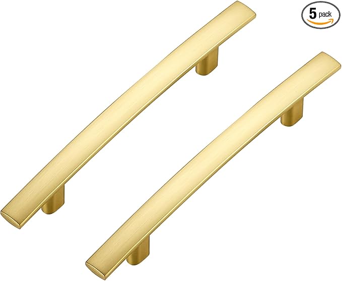 5 Pack Cabinet Handles 3.75" Hole Center - Curved Cabinet Pulls Brushed Brass Drawer Pulls for Kitchen Cupboard Solid Handles for Dresser Drawer Arch Closet Hardware