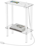 HMYHUM Acrylic Narrow Side Table with Charging Station, 7" Width, 2 Tier Small End Table for Small Spaces, Skinny Nightstand/Bedside Table with USB Ports & Outlet, Clear