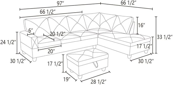 Dark Grey L-Shaped 3-Piece Flannelette Sofa with Storage Ottoman Set, Sectional Couch Sofa Set for Living Room, Office, Small Space