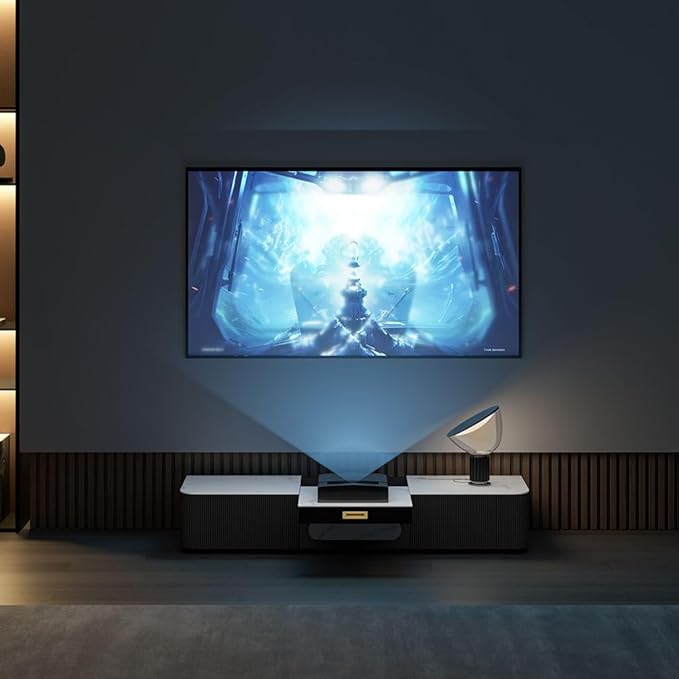 POVISON Modern TV Stand for Projector, Sintered Stone Entertainment Center with Storage for Living Room Bedroom, 55 inch TV Stand, Solid Wood TV Stand