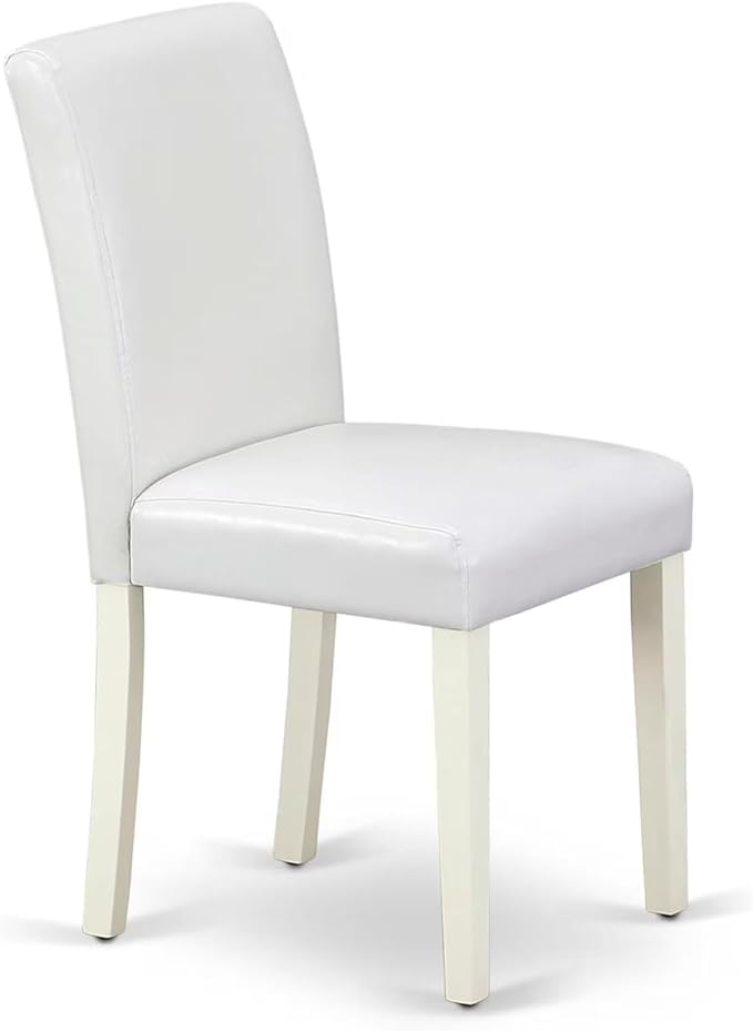 East West Furniture DLAB5-LWH-64 5 Piece Kitchen Table & Chairs Set Includes a Round Dining Room Table with Dropleaf and 4 White Faux Leather Parsons Dining Chairs, 42x42 Inch, Linen White