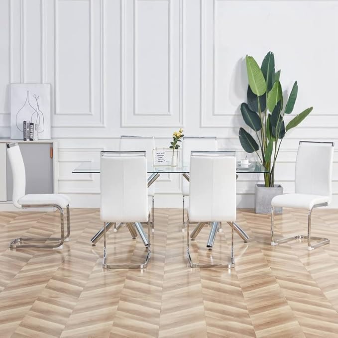 Dining Chairs Set, Kitchen Modern Metal Chairs with Faux Leather Padded Seat High Back and Sturdy Chrome Legs, Chairs for Dining Room (White-1, Set of 4)