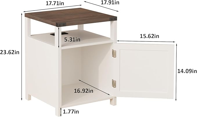 Farmhouse Nightstand Set of 2 with Charging Station, Rustic End Table Bedroom with Storage Living Room Side Table White Night Stand Industrial Bedside Bed Table with USB Ports and Outlets