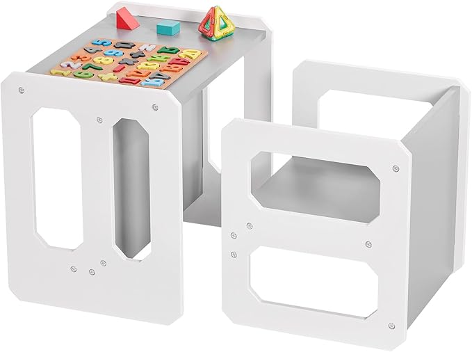 Kids Table and Chair Set, 3-in-1 Wooden Children's Furniture, Water Resistant, Easy to Clean,Toddler Weaning Table for Bedroom, Playroom, Living Room (Grey and White)