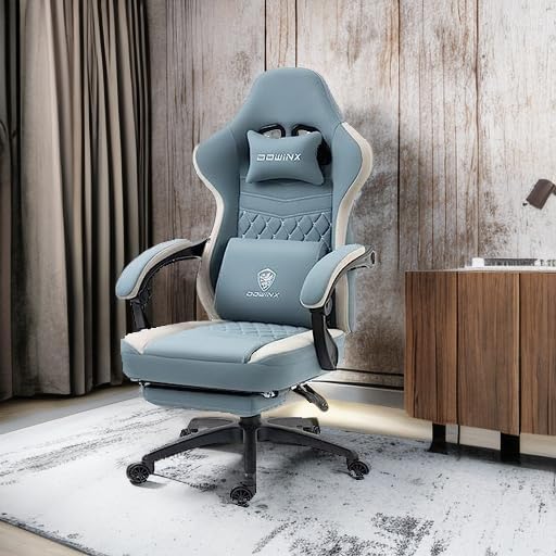 Dowinx Gaming Chair Breathable Fabric Game Chair with Gel Pad and Storage Bag, Comfortable Gamer Chair with Pocket Spring Cushion, Ergonomic Computer Chair with Footrest, Blue