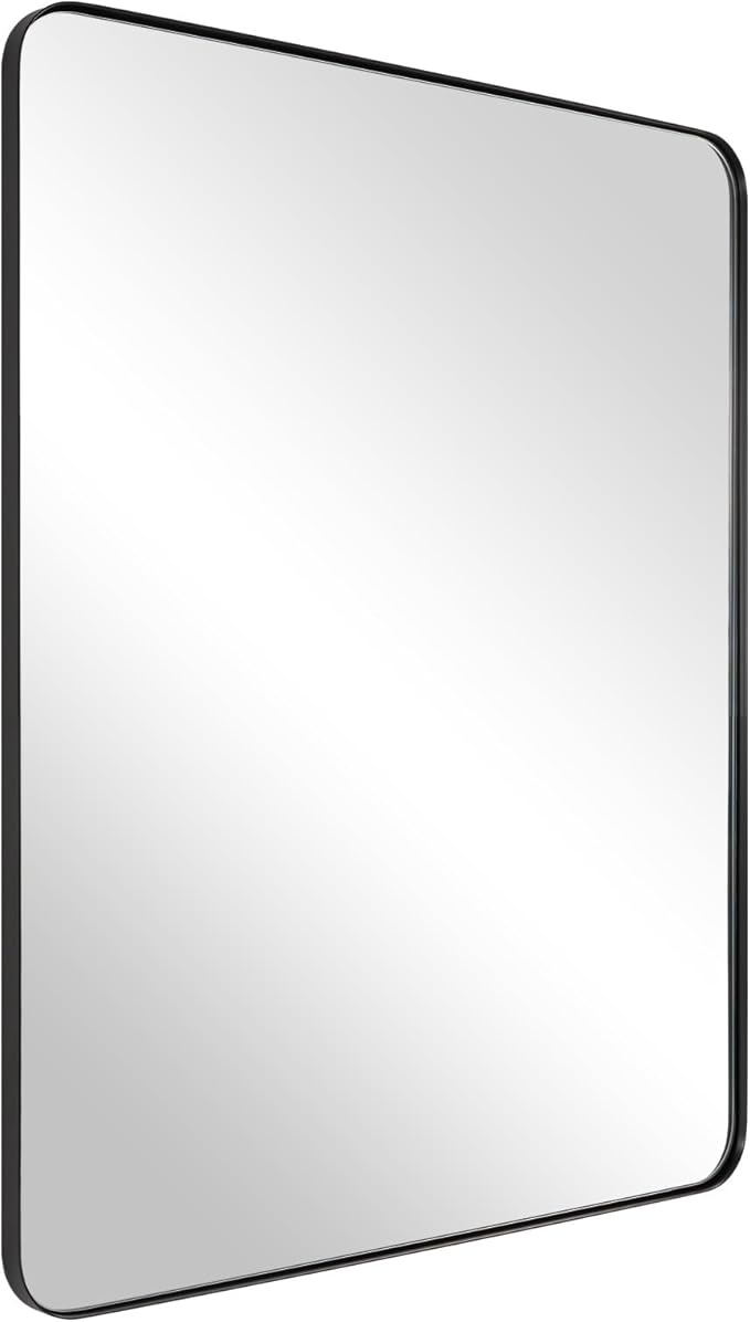 ANDY STAR Wall Mirror for Bathroom, 24x36 Matte Black Bathroom Mirror, Modern Stainless Steel Metal Frame with Rounded Corner, Rectangle Glass Panel Wall Mounted Mirror for Vanity