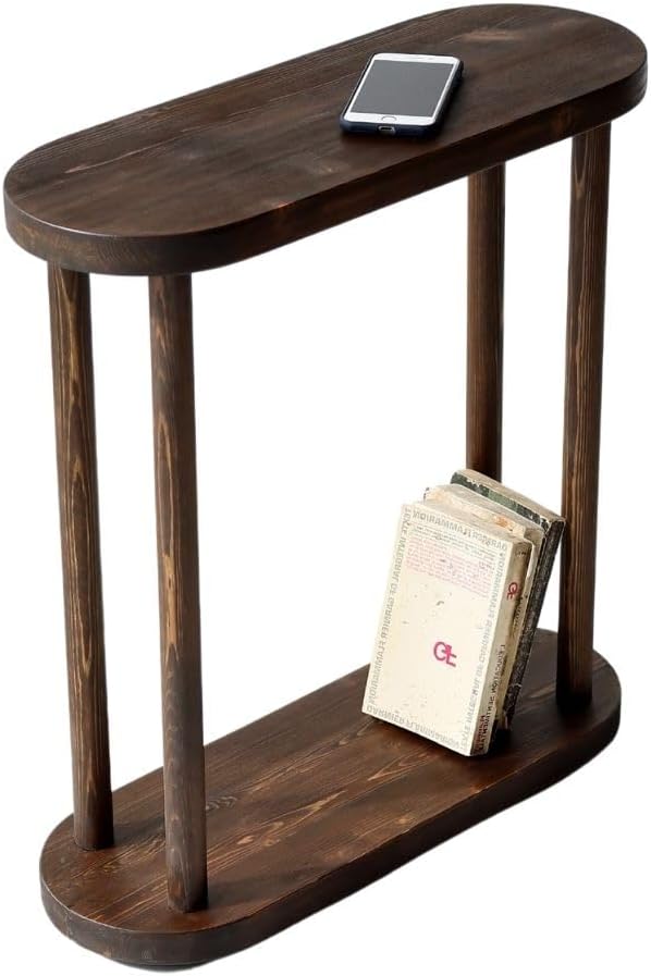 Oval Solid Wood Narrow Side Table, Slim Small Pedestal Coffee Table for Living Room, Modern Minimalist Design for Small Spaces, Recliner Drink Table (Dark Walnut, Large)