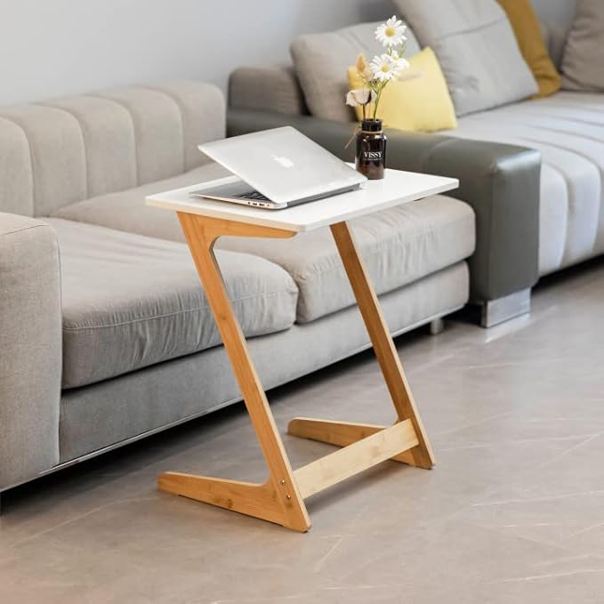 Forevich Bamboo Modern Tv Trays Table for Eating, Wood Couch Table End Snack Desk Sofa Side Table Z Shaped White