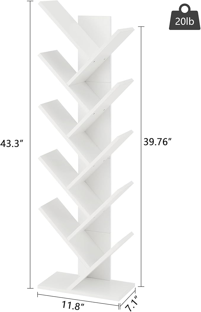 Hoctieon 10 Tier Tree Bookshelf, 10 Shelf Bookcase, Free Standing Tree Bookcase, Display Floor Standing Shelf for Books, Book Organizer Shelves for Home Office, Living Room, Bedroom, White
