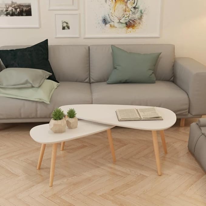 vidaXL Nesting Coffee Table 2 pcs, Side Tables with Solid Pine Wood Legs, Scandinavian Style End Table for Living Room, White