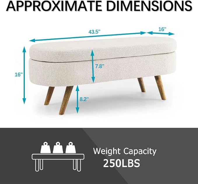 Oval Storage Bench 43.5" Linen Fabric Upholstered Entryway Bench with Solid Wood Legs Ottoman Bench Indoor Bench for Living Room/Bedroom/End of Bed/Entryway (Beige)