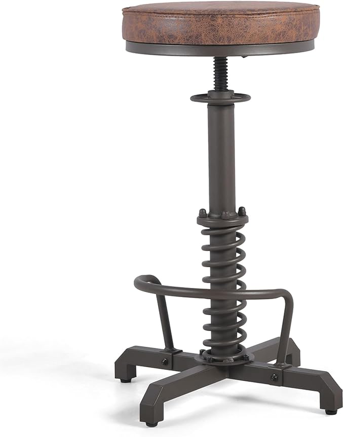 American Antique Steampunk Bar Stool 24.41"-28.35" Vintage Industrial Adjustable Swivel Backless Counter Stool for Home, Dining, Breakfast, Pub, (Heavy Duty Metal & Faux Leather, Brown & Maroon Top)