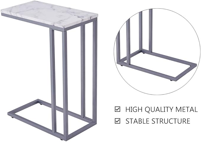 C-Shape Side End Table, Faux Marble Tray Snack Table with Metal Frame, Laptop Coffee Holder, Modern Furniture (Silver)