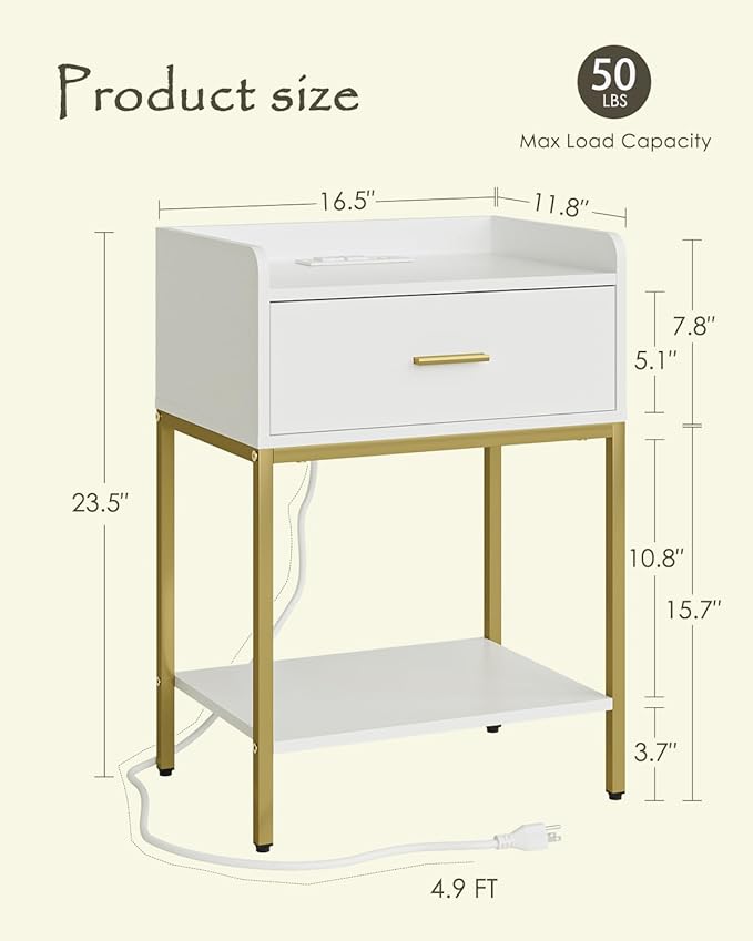 Nightstand with Charging Station,3-Tier Bedside Table for Small Space,Modern Night Stand with Storage Drawer and Shelf,Small Side Table for Bedroom,Living Room,White