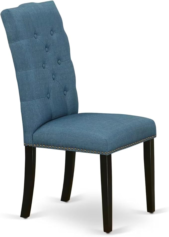 East West Furniture V697EL121-7 7 Piece Dining Set Consist of a Rectangle Dining Room Table with V-Legs and 6 Blue Linen Fabric Upholstered Chairs, 40x72 Inch, Multi-Color