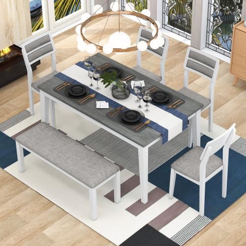 SogesHome Classic 6-Piece Dining Table Set, Rectangular Wooden Kitchen Table with Upholstered Chairs & Bench for Dining Room, Traditional Retro Farmhouse Dining Table for Kitchen, White+Grey