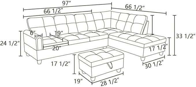 Dark Grey L-Shaped 3-Piece Faux Leather Sofa with Storage Ottoman Set, Sectional Couch Sofa Set for Living Room, Office, Small Space