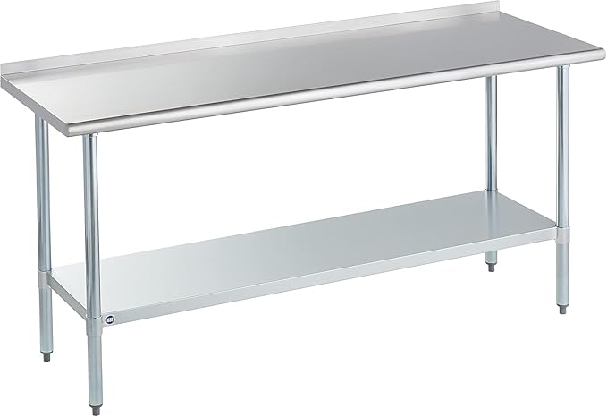 ROCKPOINT Stainless Steel Table for Prep & Work with Backsplash 24x72 Inches, NSF Metal Commercial Kitchen Table with Adjustable Under Shelf and Table Foot for Restaurant, Home and Hotel