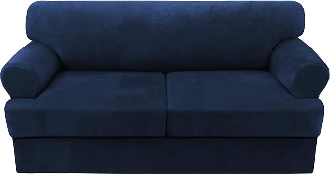 H.VERSAILTEX Sofa Cover 3 Piece T Cushion Sofa Slipcovers Thick Velvet Couch Cover Furniture Protector Stretch T Cushion Sofa Covers for 2 Cushion Couch with 2 Individual T Cushion Covers, Navy