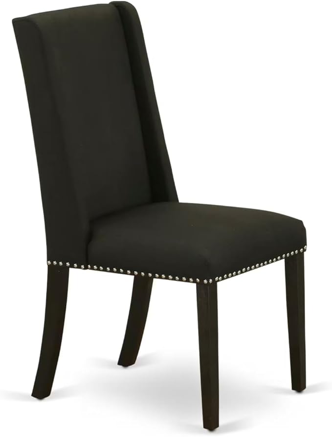 East West Furniture V697FL624-7 7 Piece Modern Dining Table Set Consist of a Rectangle Wooden Table with V-Legs and 6 Black Linen Fabric Parson Dining Chairs, 40x72 Inch, Multi-Color
