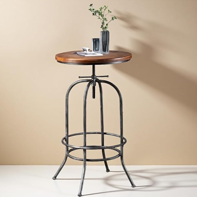 Rustic Bar Table Vintage Bistro Table Industrial Pub Table for Kitchen Coffee House Office Computer Desk Swivel Round Wooden Top 37.4-45.3inch Height Adjustable