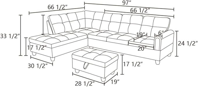Dark Grey L-Shaped 3-Piece Faux Leather Sofa with Storage Ottoman Set, Sectional Couch Sofa Set for Living Room, Office, Small Space