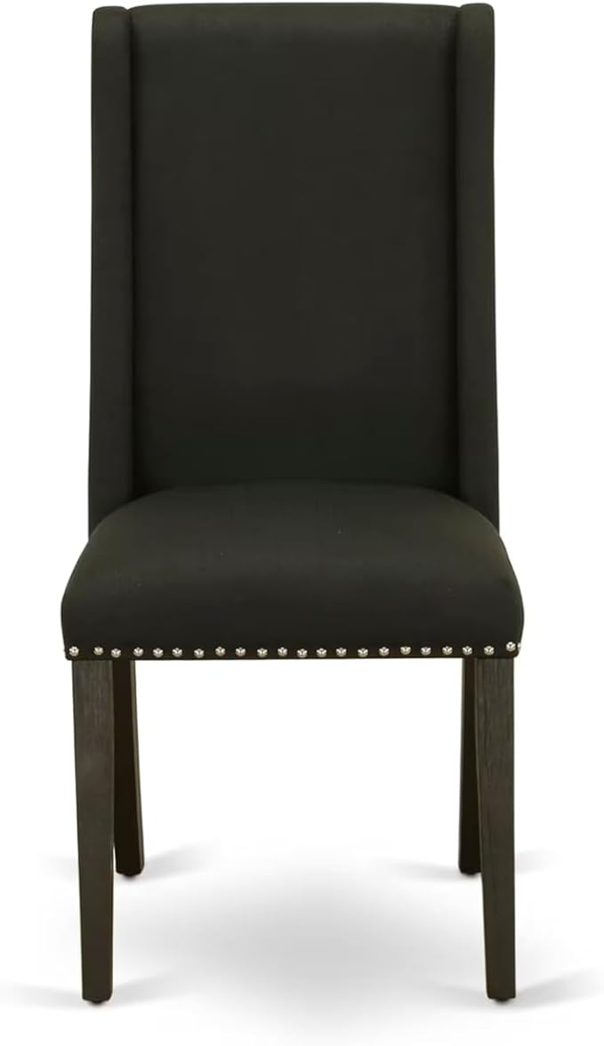 East West Furniture V697FL624-7 7 Piece Modern Dining Table Set Consist of a Rectangle Wooden Table with V-Legs and 6 Black Linen Fabric Parson Dining Chairs, 40x72 Inch, Multi-Color