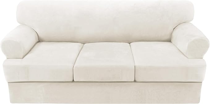 H.VERSAILTEX Sofa Cover 4 Piece T Cushion Sofa Slipcovers Thick Velvet Couch Cover Stretch T Cushion Sofa Covers for 3 Cushion Couch with 3 Individual T Cushion Covers, Porcelain