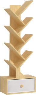 8 Tier Tree Bookshelf with Drawer, Free Standing Wood Bookcase for Narrow Space, Storage Organizer Bookshelves for Books, Book Case for Home Office, Living Room, Bedroom - Natural