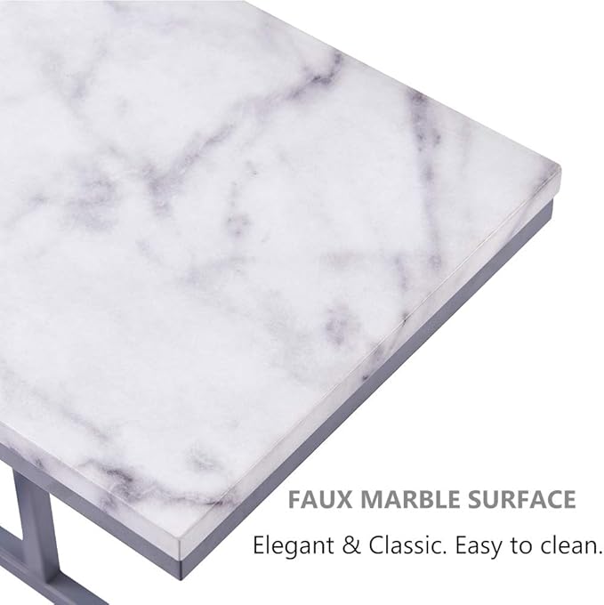 C-Shape Side End Table, Faux Marble Tray Snack Table with Metal Frame, Laptop Coffee Holder, Modern Furniture (Silver)