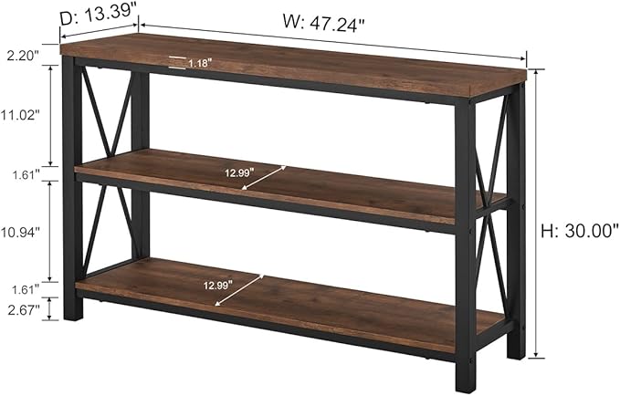 BON AUGURE Rustic Entryway Table, Farmhouse Hallway Table, Console Tables for Entryway, 3 Tier Sofa Tables for Living Room, Industrial Entry Table (47 Inch, Rustic Oak)
