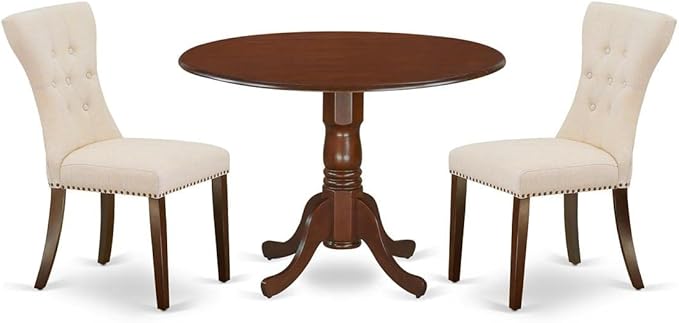 East West Furniture DLGA3-MAH-32 3 Piece Modern Dining Table Set Contains a Round Wooden Table with Dropleaf and 2 Light Beige Linen Fabric Parsons Dining Chairs, 42x42 Inch, Mahogany