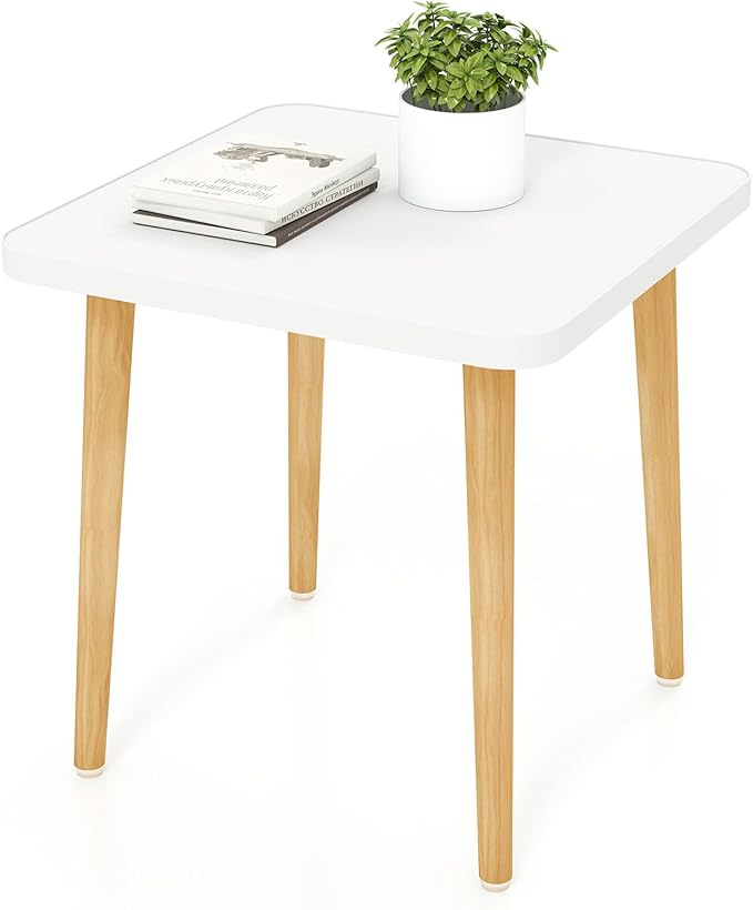 Simple End Table,Modern Side Table with 4 Solid Wood Sturdy Legs for Living Room,Nightstand Bedside Table for Bedroom Balcony (White)