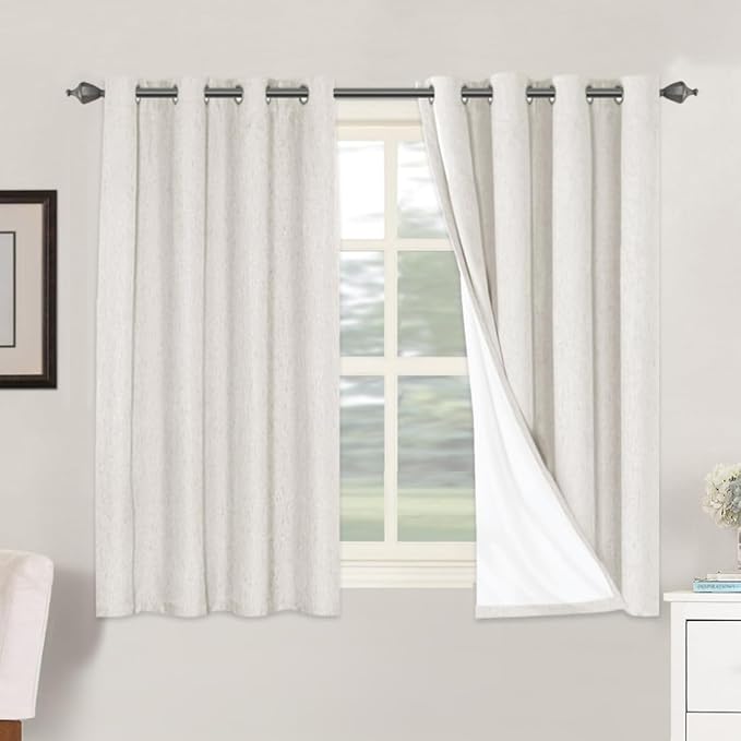 H.VERSAILTEX Primitive Linen Curtains 100% Blackout Curtain Drapes Burlap Fabric Curtains with White Thermal Insulated Liner, Grommet Top Curtains Living Room/Bedroom (2 Panels, 52 x 54 Inch, Ivory)