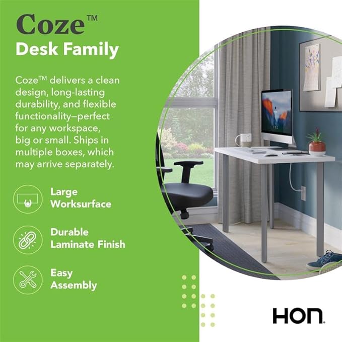 HON Coze Home Office Desks, Sturdy Table Computer Desk, 48", White Top, Black Base
