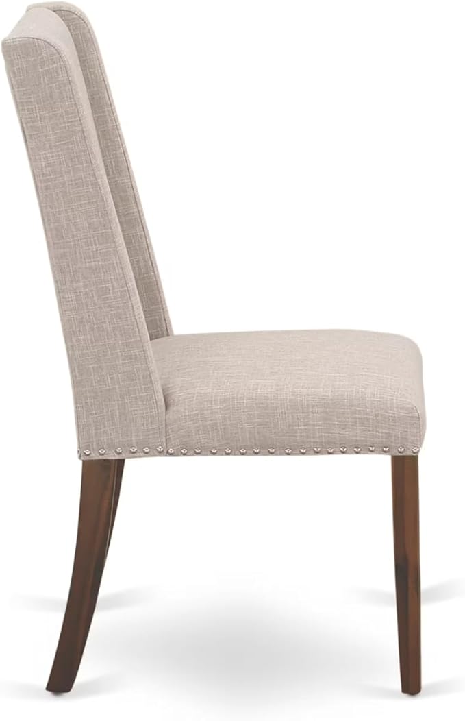 NEFL5-AWA-04-5-Piece Dining Room Set Consists of a Wooden Table and 4 Light Tan Linen Fabric upholstered Chairs with Padded Chair Back - Antique Walnut Finish.
