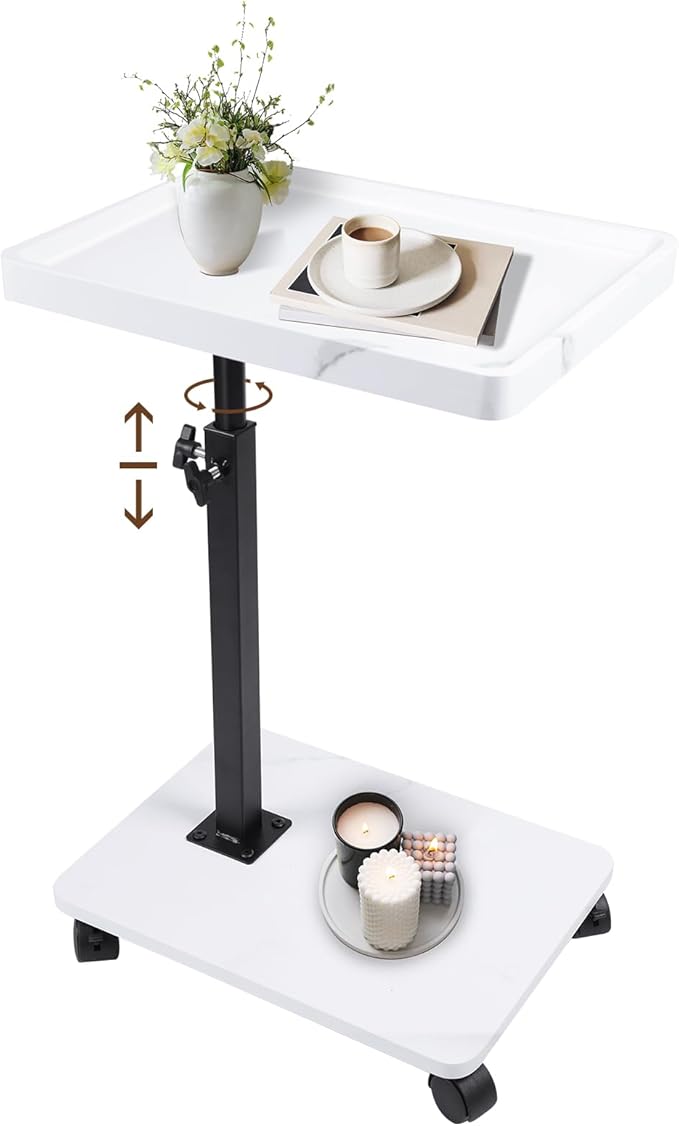 C Table Side Table End Table Adjustable Height，C Shaped End for Couch，Snack Tables,360°Swivel TV Tray Sofa Table， For Small Spaces，Side Tables living room and bedroom for Sofa, Bed,Chair(White)