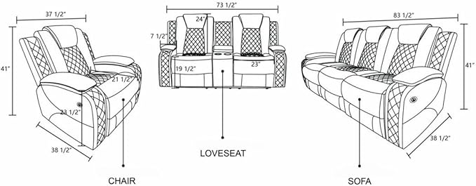 Electric Power Recliner Chair/Loveseat/Sofa Living Room, Comfy Home Theater Breathing Leather Seating with USB 2.0 Charging Ports, LED Light Strips, Fold-Down Table & Cupholders (White, 3-Piece)