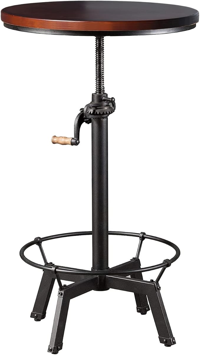LOKKHAN Industrial Bar Table-33.5-39.4 Inch Tall-Adjustable Bar Height Pub Table-23.7 Inch Swivel Round Wood Top Metal Base-Easily Adjusts by Crank Handle