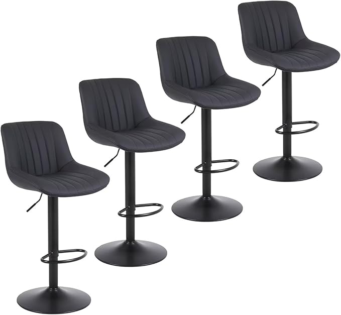 Bar Stools Set of 4, Swivel Counter Height Barstools with Back, Adjustable PU Leather Bar Chairs, Modern Armless Kitchen Island Stool, Black