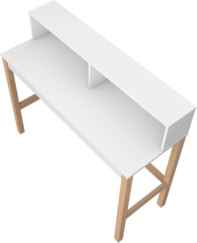 Manhattan Comfort Bowery 47 Inch Mid Century Modern Home Office Desk, Study Table or Entryway Furniture with 2 Cubbies and Rustic Wood Base, White/Oak