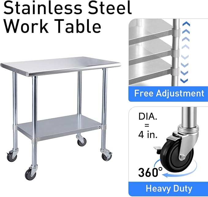 ROCKPOINT Stainless Steel Table for Prep & Work with Caster Wheels 18x24 Inches, NSF Metal Commercial Kitchen Heavy Duty Table with Adjustable Under Shelf and Table Foot for Restaurant, Home and Hotel