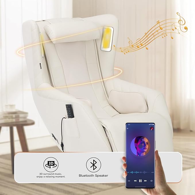 COLAMY Zero Gravity Massage Chair with 4-Zone Massage, Dual Lumbar Heat, Airbag Compression, 360° Swivel, Built-in Bluetooth Speakers & USB Charging, White